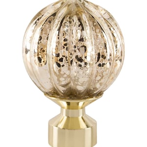 May include: A decorative curtain rod finial. It features a gold-coloured base and a textured, spherical top. The top has a mercury glass appearance with a ribbed design and a speckled pattern. The finial is designed to add a decorative touch to window treatments.