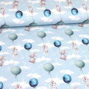 Jersey fabric balloon & rabbits light blue image 2