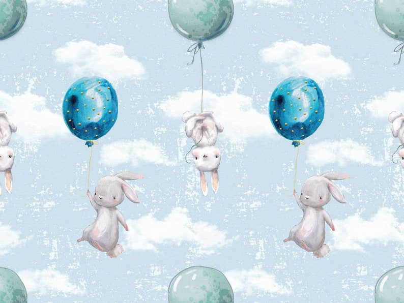 Jersey fabric balloon & rabbits light blue image 1