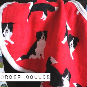 Puede incluir: Tela roja con borde blanco y un patr&oacute;n repetido de border collies negros y blancos. La tela tiene las palabras "BORDER COLLIE" impresas en dorado en la parte inferior.