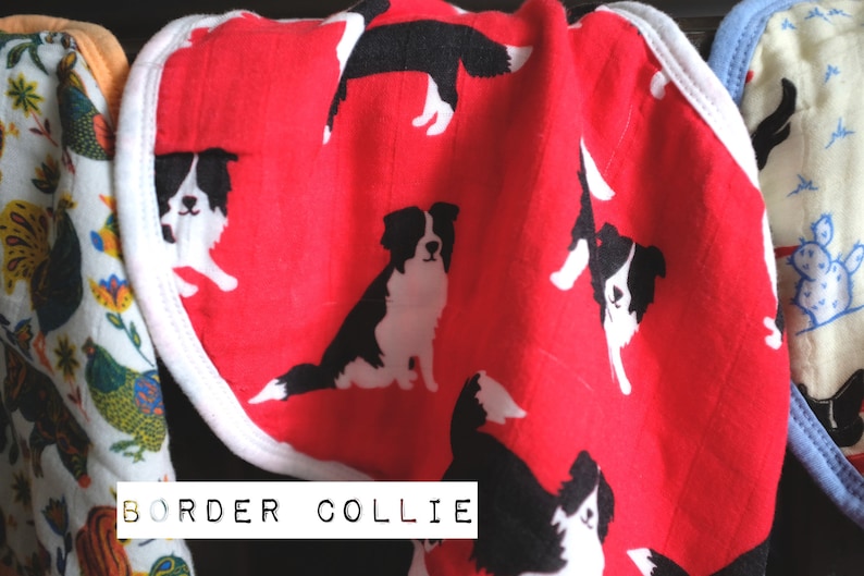 Puede incluir: Tela roja con borde blanco y un patr&oacute;n repetido de border collies negros y blancos. La tela tiene las palabras "BORDER COLLIE" impresas en dorado en la parte inferior.