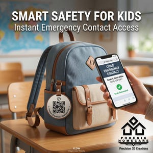 May include: A blue backpack with tan details and a round metal tag with a QR code. A smartphone shows emergency contact details. The phone screen displays "Child Emergency Contact". The image includes the text "Smart Safety for Kids".