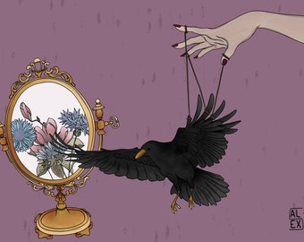 illustration A4 - main, marionnette, corbeau, fleurs (magnolia, bleuets) et miroir