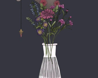 illustration A4 - pendule, vase, pavot, sauge, reine des prés, smycka, dianthus