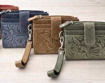 Floral Filigree Leather Wristlet Wallet – Embossed Western Style Small Pouch