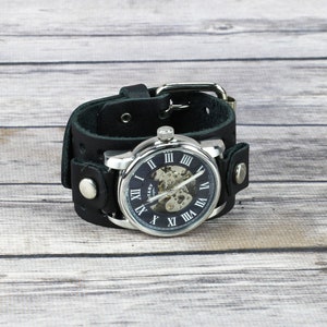Minimalist black watch band, Leather wrist cuff, Gothic leather accessory, Men&#39;s Leather Bracelet, Classic biker style gift, Made in the USA