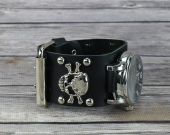 Skull and Crossbone studded black watch band, Gothic style wrist cuff, Minimalist leather bracelet, Made in the USA, Classic biker accessory