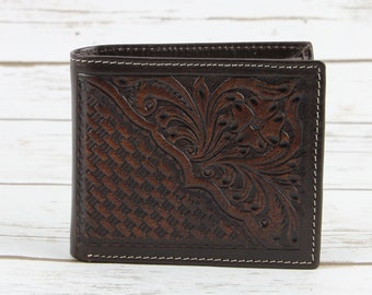 Tooled Leather Bi-Fold Wallet: Floral Filigree, RFID Blocking, Gift Box