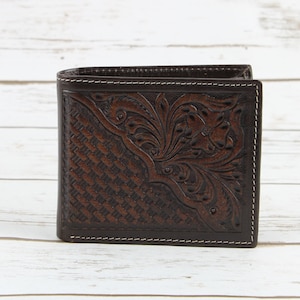 Floral filigree and basket weave wallet with gift box, Tooled leather bi fold, Modern Western wear, RFID blocking protection