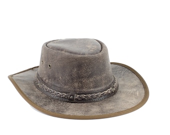 Tan flat brim crush able cowboy hat, Leather cowboy hat with braided hat band, Aussie style bush hat, unisex cowboy hat, western wear