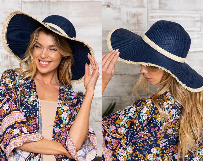 Navy straw hat, Natural color, Oversized gardening hat, Boho floppy travel hat, Wide brim sun hat, Cute Mother's Day outfit, Fun beach wear