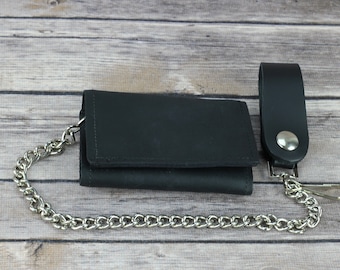 Black leather tri-fold chain wallet, leather chain wallet, Men's wallet, biker wallet, biker gift, gift for him