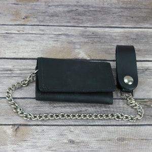 Cartera de cuero negro con cadena de tres pliegues, cartera de cuero con cadena, cartera para hombre, cartera de motociclista, regalo de motociclista, regalo para él