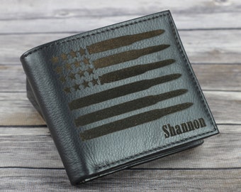 Mens rustic leather wallet, Bullet flag wallet, Engraved leather wallet, Gift for dad, Patriotic Wallet, Groomsman Gift
