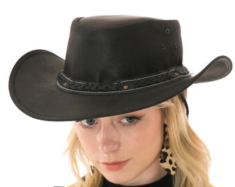 Smooth Black leather cowboy hat with braided hat band, unisex cowboy hat, black cowboy hat, gift for her, gift for him, western wear