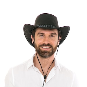Cowboyhut aus schwarzem Wildleder, Hut mit geflochtenem Band, formbarer Hut mit breiter Krempe, Outdoor-Hut, moderne Westernmode, Sonnenhut aus Leder, Jubiläum Bild 1