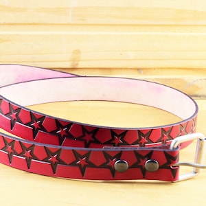 Red leather belt with stars, Red tooled leather belt, Cut to size belt, Heavy duty leather, Western wear accessory, Memorial Day gear