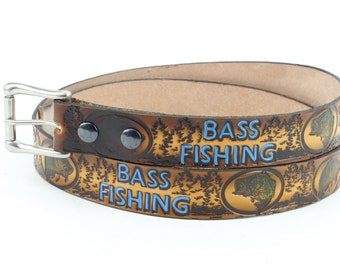 Bass Fishing Hand Tooled Leather Belt, Made in USA