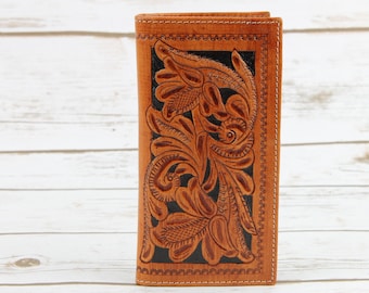 American Bison Tooled Leather Wallet: Floral Filigree Western Rodeo Bi-Fold