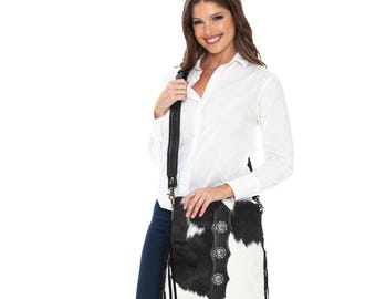 American Bison Hair on Hide Fringe Crossbody Bag, Medallion Detail