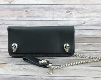 Skull Chain Wallet, Studded leather Bi fold, Skeleton biker wallet, Black bi fold with snap closure, Made in the USA