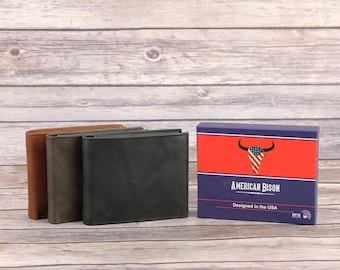 American Bison Leather Wallet, RFID Blocking, Minimalist Bi-Fold