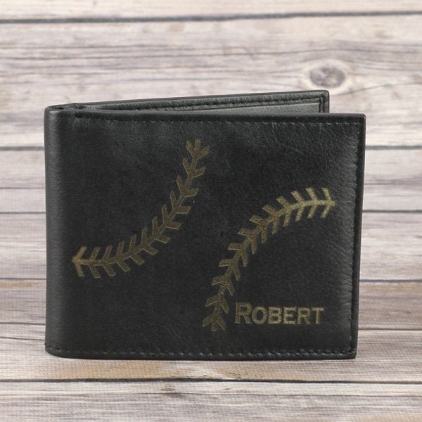 Men's baseball stitch engraved leather wallet, Laser engraved bi fold wallet, Personalized gift for guys