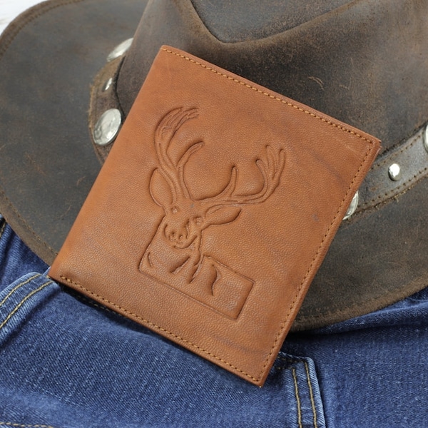 Deer embossed leather bi fold wallet, Hipster wallet, Front pocket wallet, RFID blocking wallet, Groomsmen gift