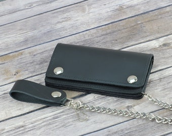 Bestselling black leather chain wallet, Minimalist leather, Classic biker style wallet, Third Anniversary, Groomsmen gift, Father's Day gift