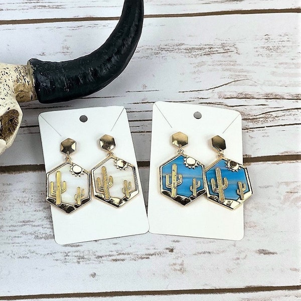 Gold cactus earrings, Desert fashion earrings, Cactus jewelry, Country western wear, Boho rodeo accessory