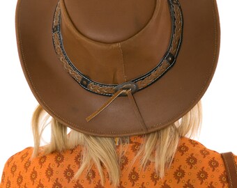 Chapeau de cowboy en cuir marron : Chapeau australien à bande tressée - France