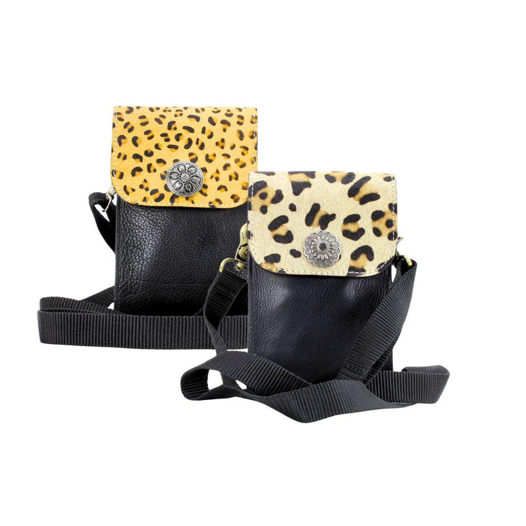 Leopard Print Bison Hair-On Crossbody Bag, Small Leather Travel Purse