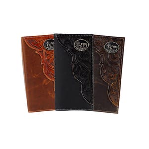 Cartera de vaquero arrodillado de rodeo con bisonte americano, cartera con tapa de aceite y estuche de regalo, billetera plegable de cuero repujado, estilo western moderno, protección RFID