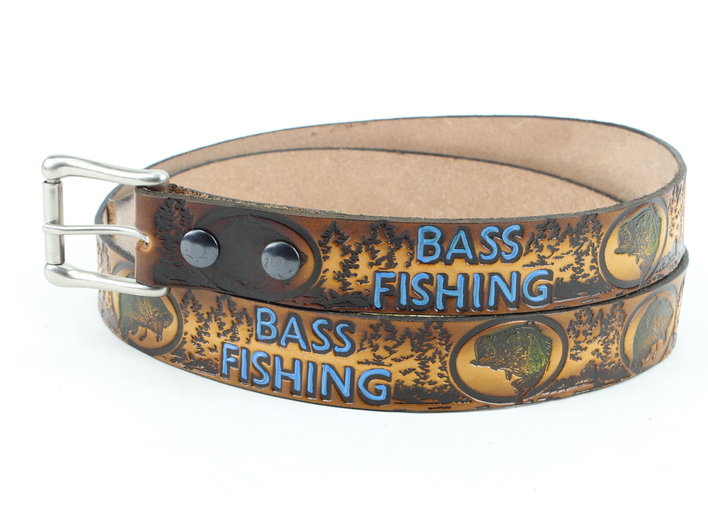 Bass Fishing Hand Painted Brown Leather Belt, Hand Tooled Leather