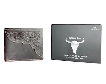 American Bison Leather Bifold Wallet, Tooled Western Wallet, RFID Blocking