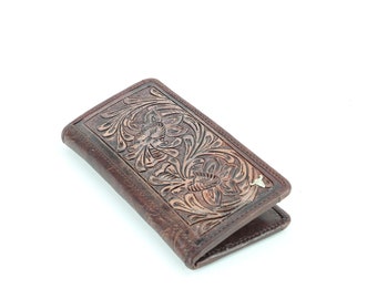 Tooled leather floral filigree western rodeo wallet, Modern western large bi fold wallet, Brown leather with gift box, Graduation gift