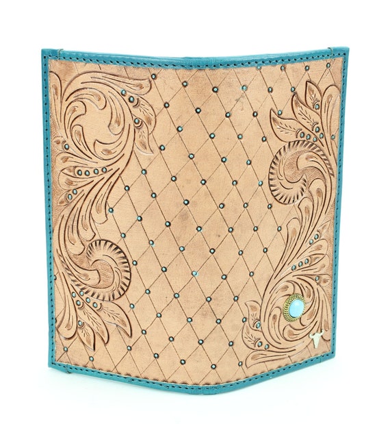 Tan Tooled Leather Wallet With Turquoise Stone, Long Bi Fold