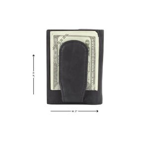 May include: Black leather wallet with a money clip. The wallet is 4 inches tall and 3 inches wide. It has a billfold and a money clip.