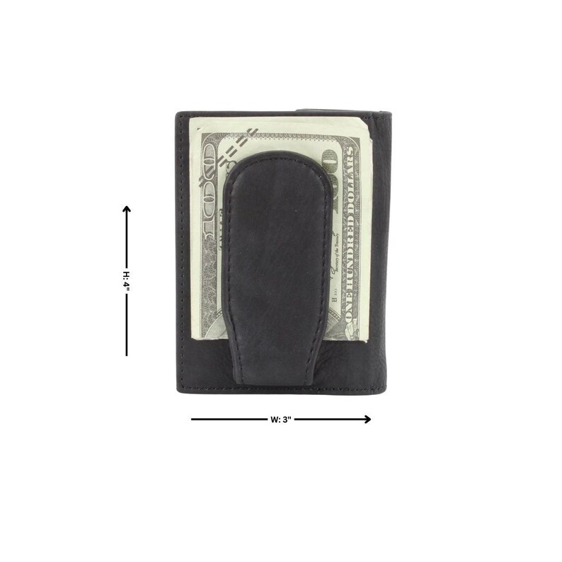 May include: Black leather wallet with a money clip. The wallet is 4 inches tall and 3 inches wide. It has a billfold and a money clip.