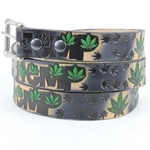 Novelty hemp belt, Heavy duty hand tooled leather, Fun leather accessory, Cut to size, Hemp is good,  Made in the USA