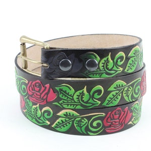 Traditional tattoo rose belt, Black leather vintage style belt, Heavy duty hand tooled leather, Cut to size, Made in the USA