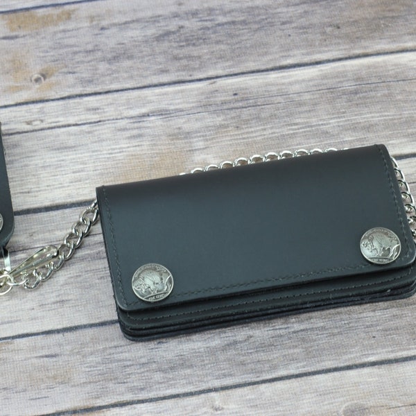 Buffalo nickel chain wallet, Black bi fold wallet, Biker wallet with chain, Leather wallet with safety feature, Third Wedding Anniversary