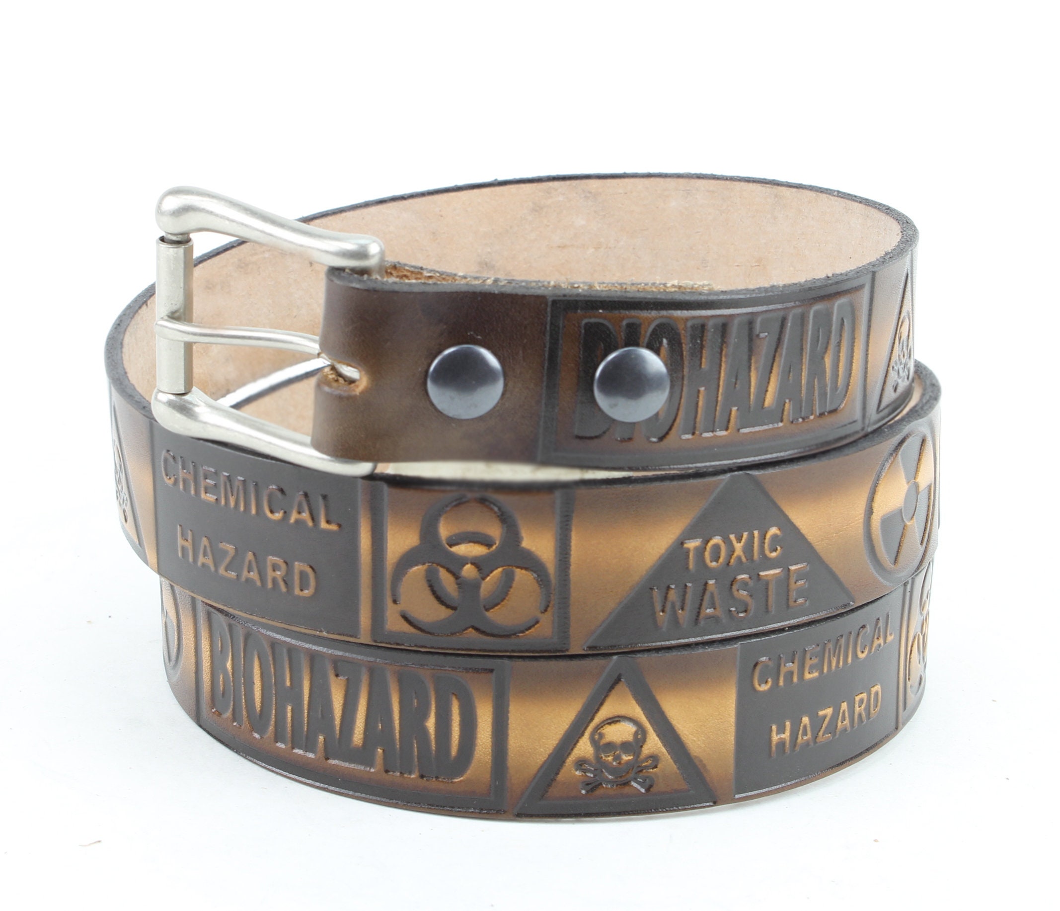 Biohazard Tooled Leather Belt: Brown Western Wear, Made in USA - Etsy