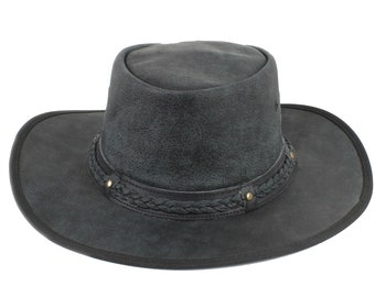 Black flat brim crush able leather cowboy hat, Hat with braided band, Aussie style bush hat, Western Wear, Rodeo accessory