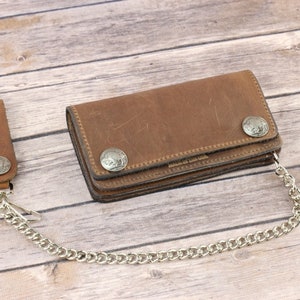 Cartera con cadena de cuero marrón níquel de búfalo, billetera plegable para hombre, billetera de motociclista, hecha en EE. UU., regalo de motociclista, regalo para él, hecha en EE. UU.
