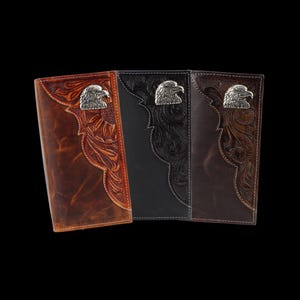 Cartera concho con águila de rodeo de bisonte americano, cartera con cierre de aceite y estuche de regalo, billetera plegable de cuero repujado, estilo western moderno, protección RFID