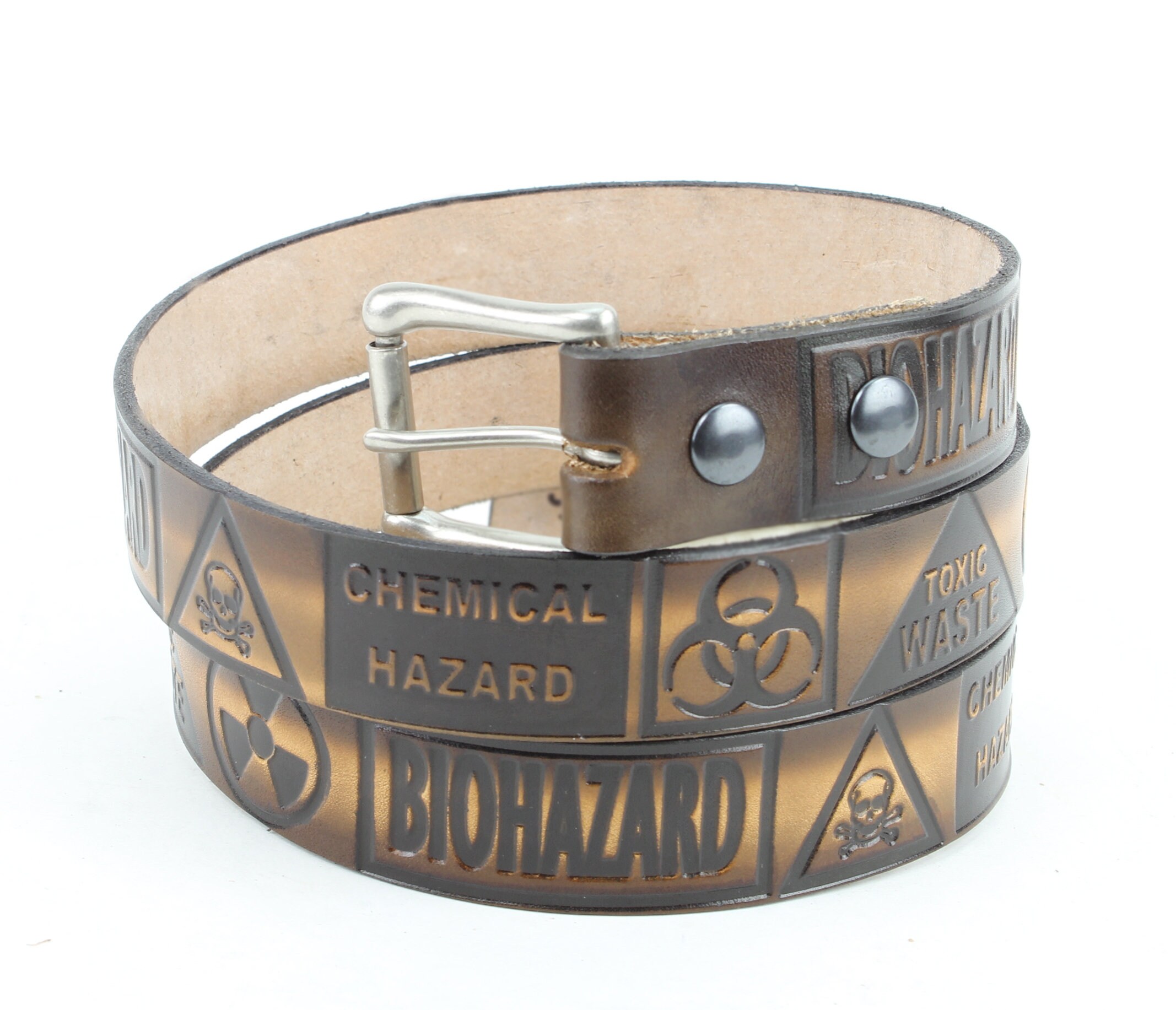 Biohazard Tooled Leather Belt: Brown Western Wear, Made in USA - Etsy