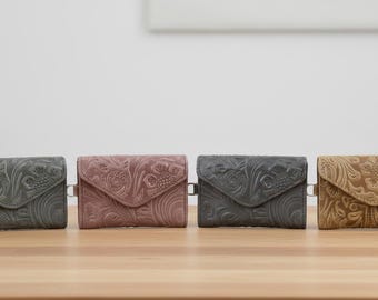 Floral Filigree Wristlet Wallet – Small Leather Card Holder, Compact Women’s Minimalist Wristlet