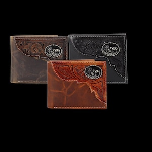 Cartera plegable de bisonte americano con diseño de vaquero arrodillado, billetera con cierre de cremallera y estuche de regalo, billetera plegable de cuero repujado, estilo western moderno, protección RFID