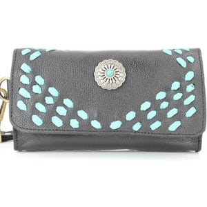 Cartera de mano con solapa estilo western para mujer de American Bison, bolso de mano de cuero negro y turquesa, bolso moderno estilo western, regalo de aniversario
